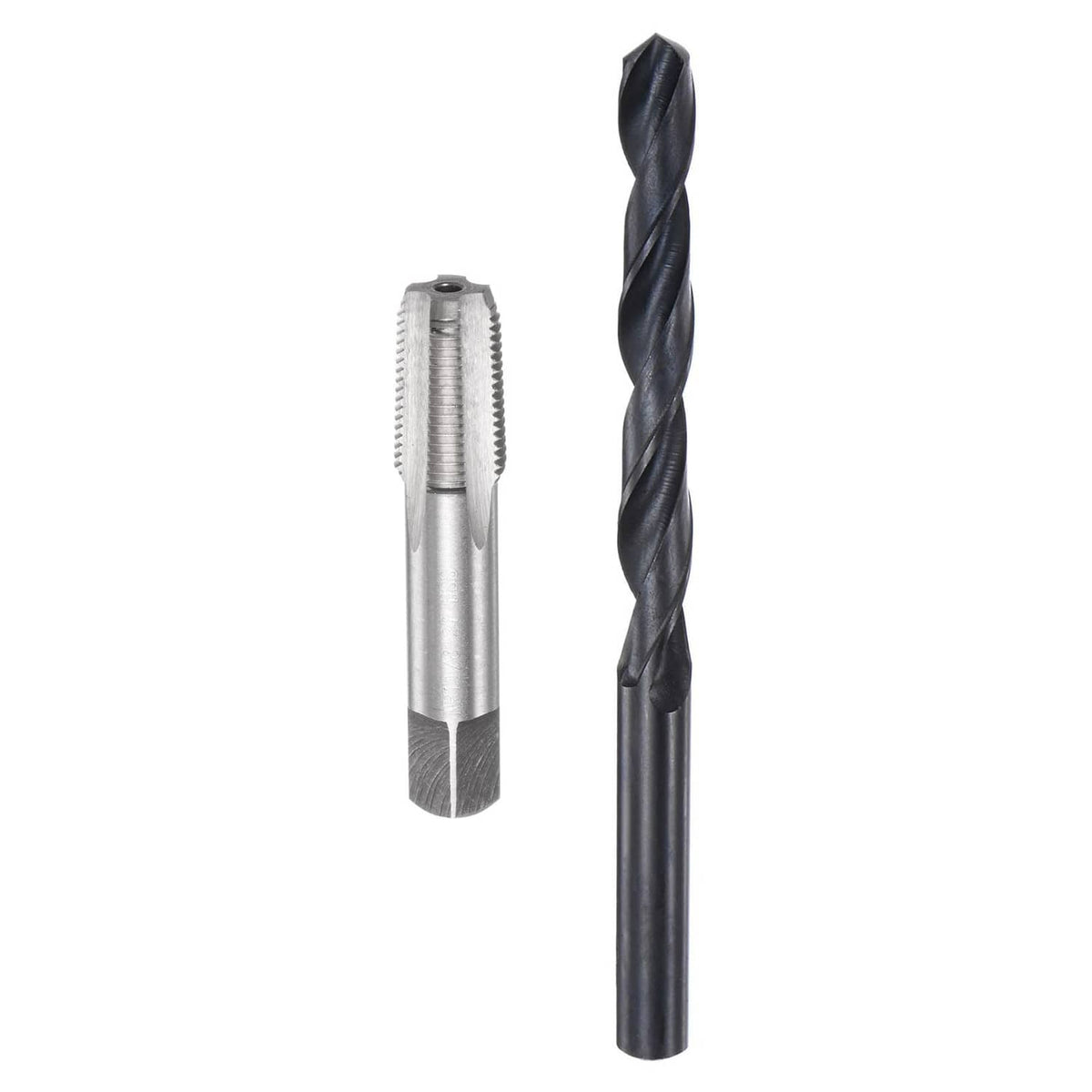 Tap and drill bit set with black drill bit and steel tap