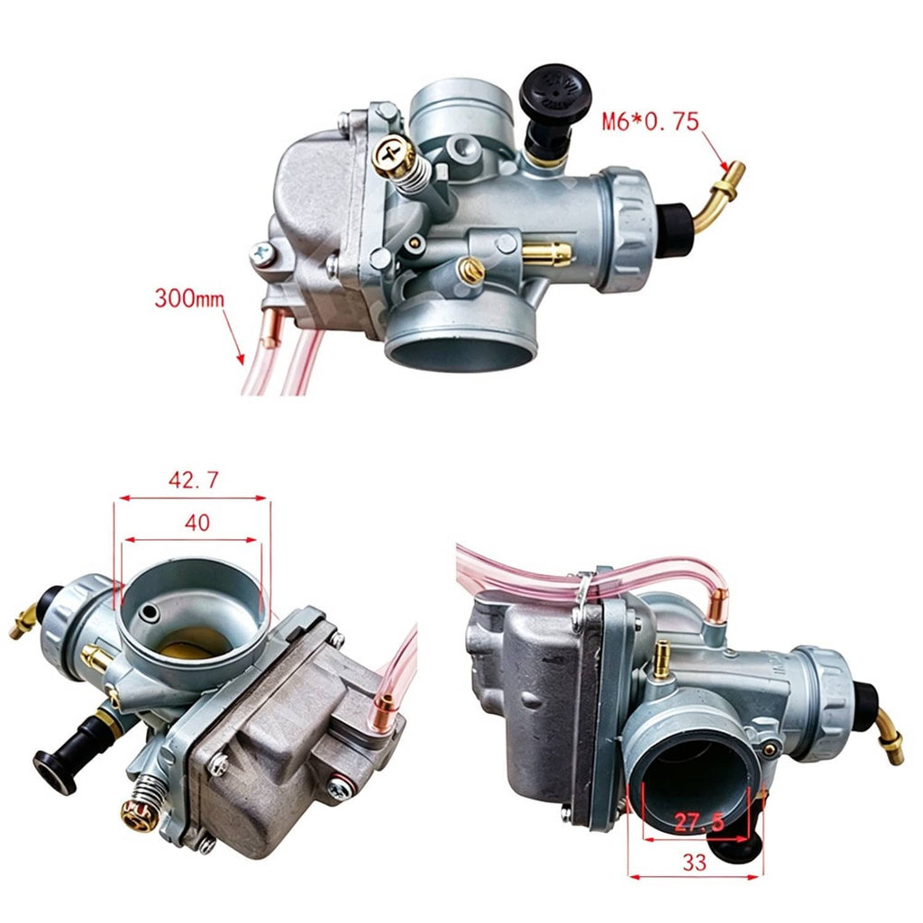 Carburetor with measurements on image: silver body, black choke cap, and fuel lines