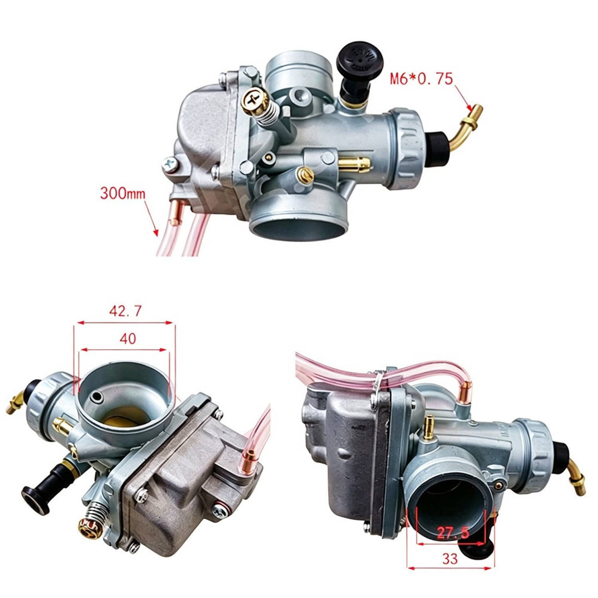 Carburetor with measurements on image: silver body, black choke cap, and fuel lines
