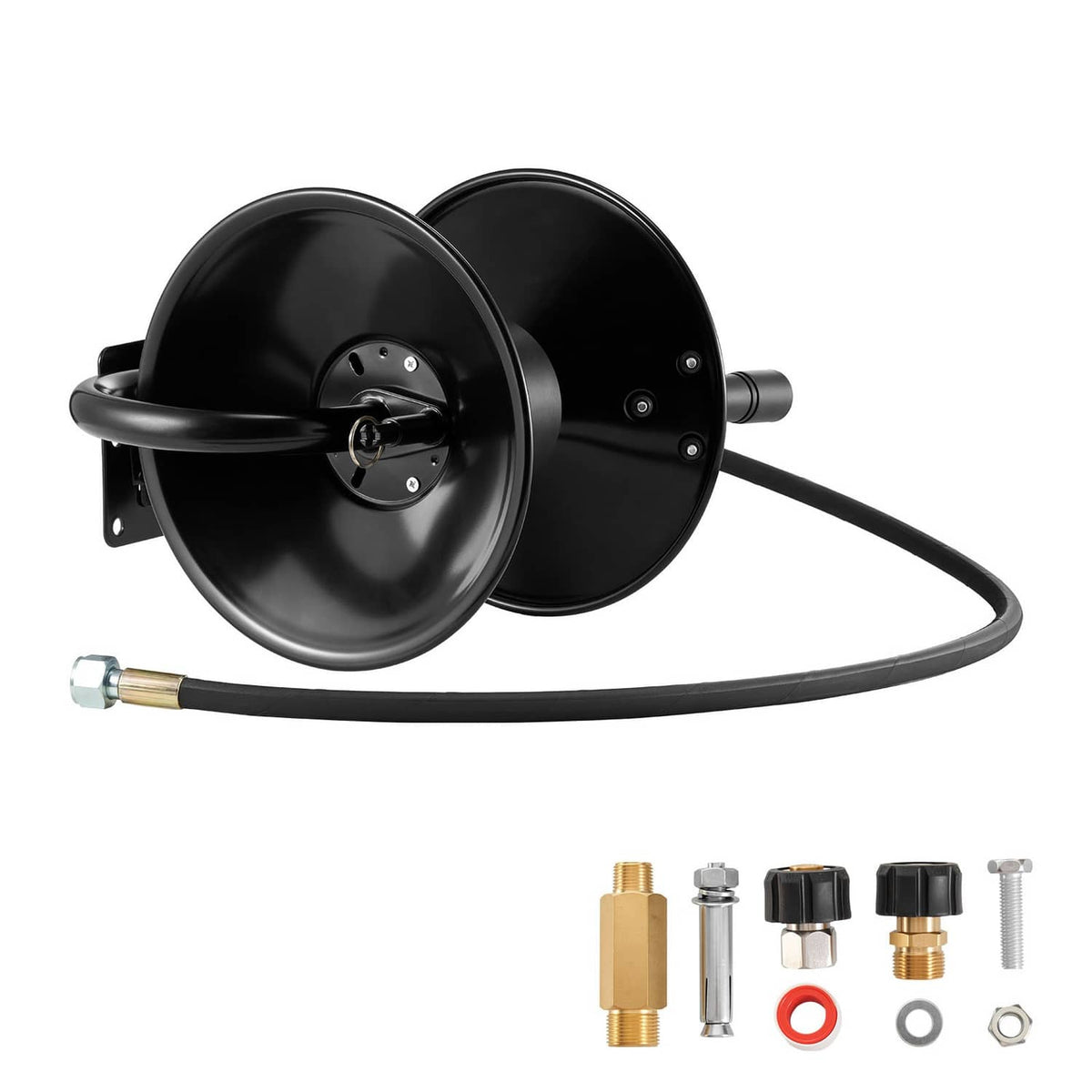 Black pressure washer hose reel with steel mounting bracket and 3/8 in hose connector