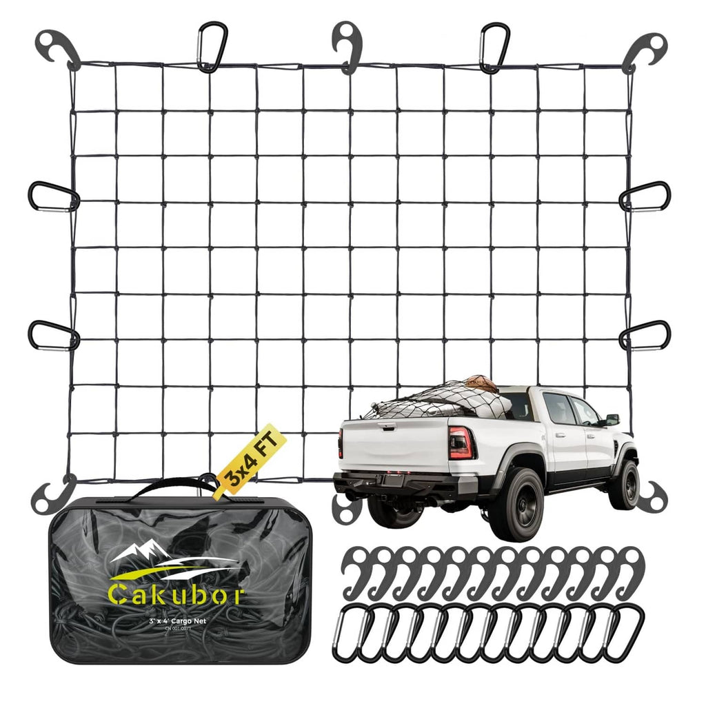 Truck bed cargo net with bungee hooks and storage bag, black mesh grid