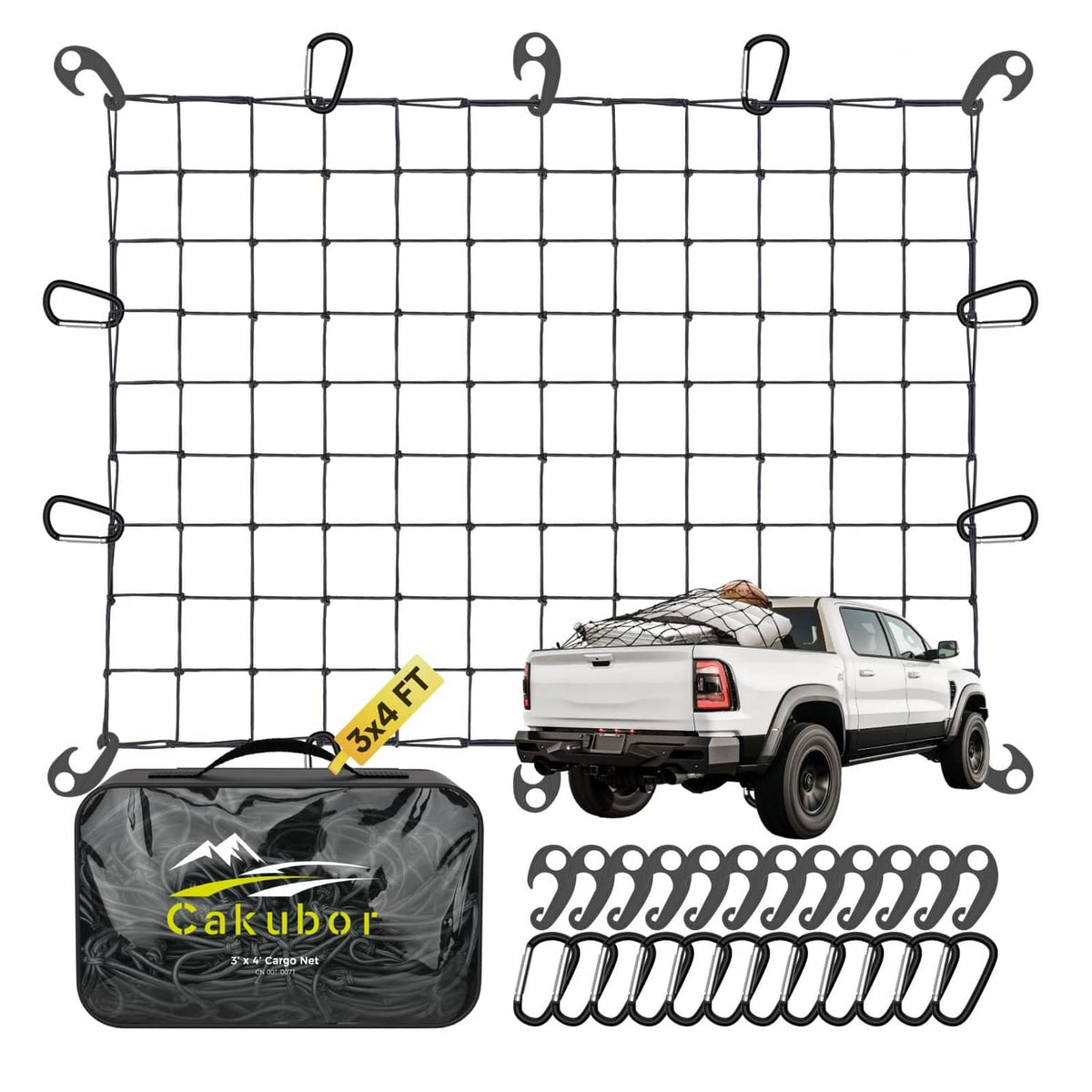 Truck bed cargo net with bungee hooks and storage bag, black mesh grid