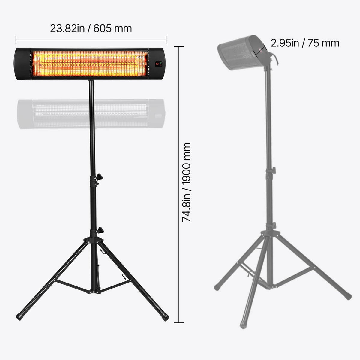 Infrared space heater and tripod stand height and width dimension diagram
