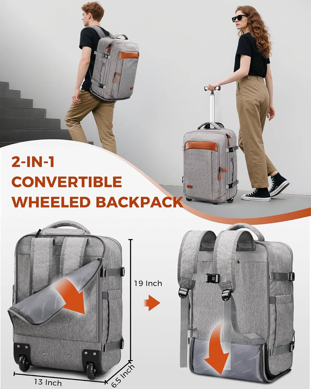Gray expandable wheeled backpack with orange trim, showing front and side views