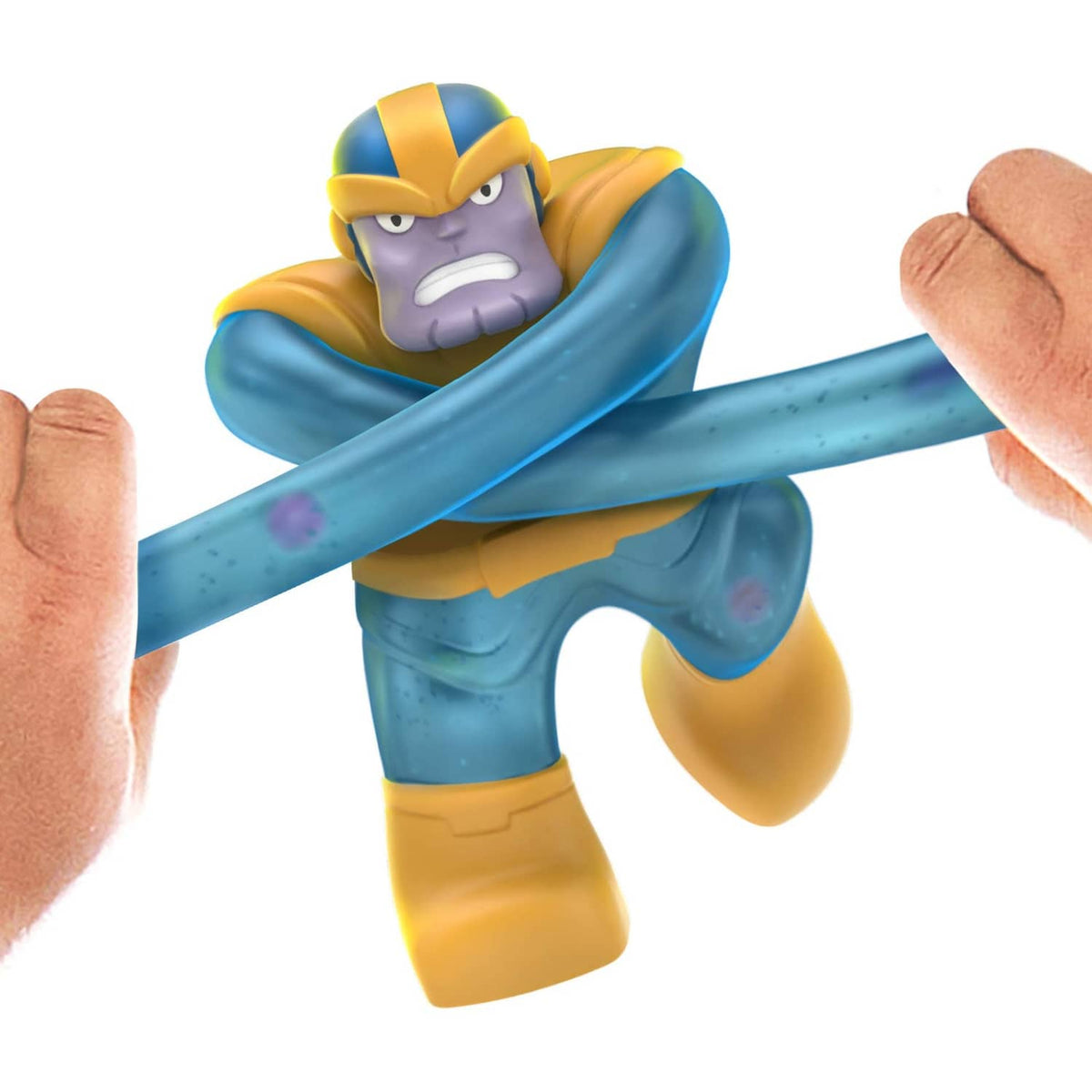 Thanos stretchy figure with blue arms and yellow armor, being pulled lengthwise