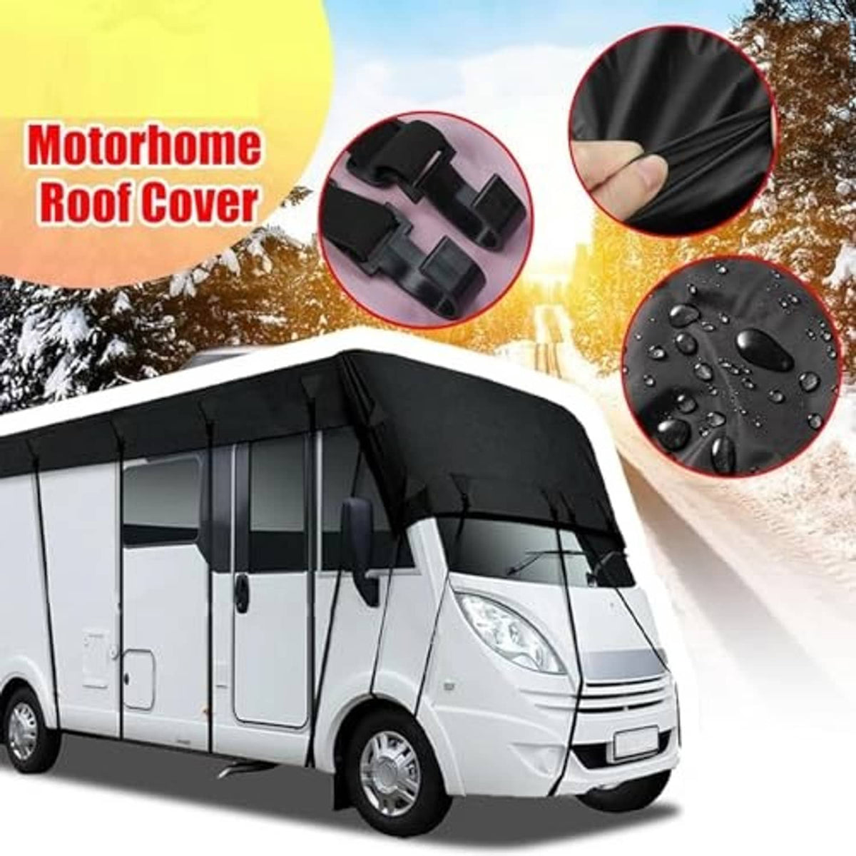 Black motorhome roof cover with strap fasteners and water-resistant fabric