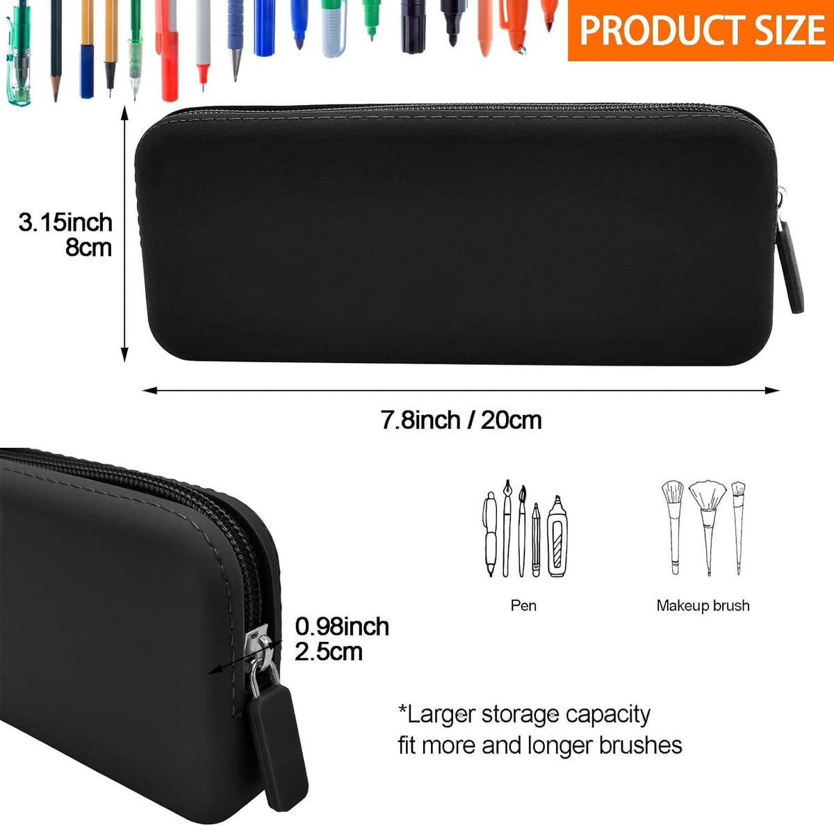 Black silicone pencil case with zipper, open view showing colorful pens inside