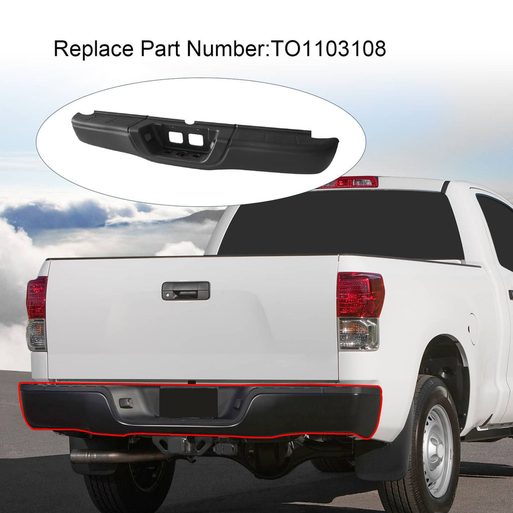 Black rear step bumper assembly with center openings mounted on a pickup