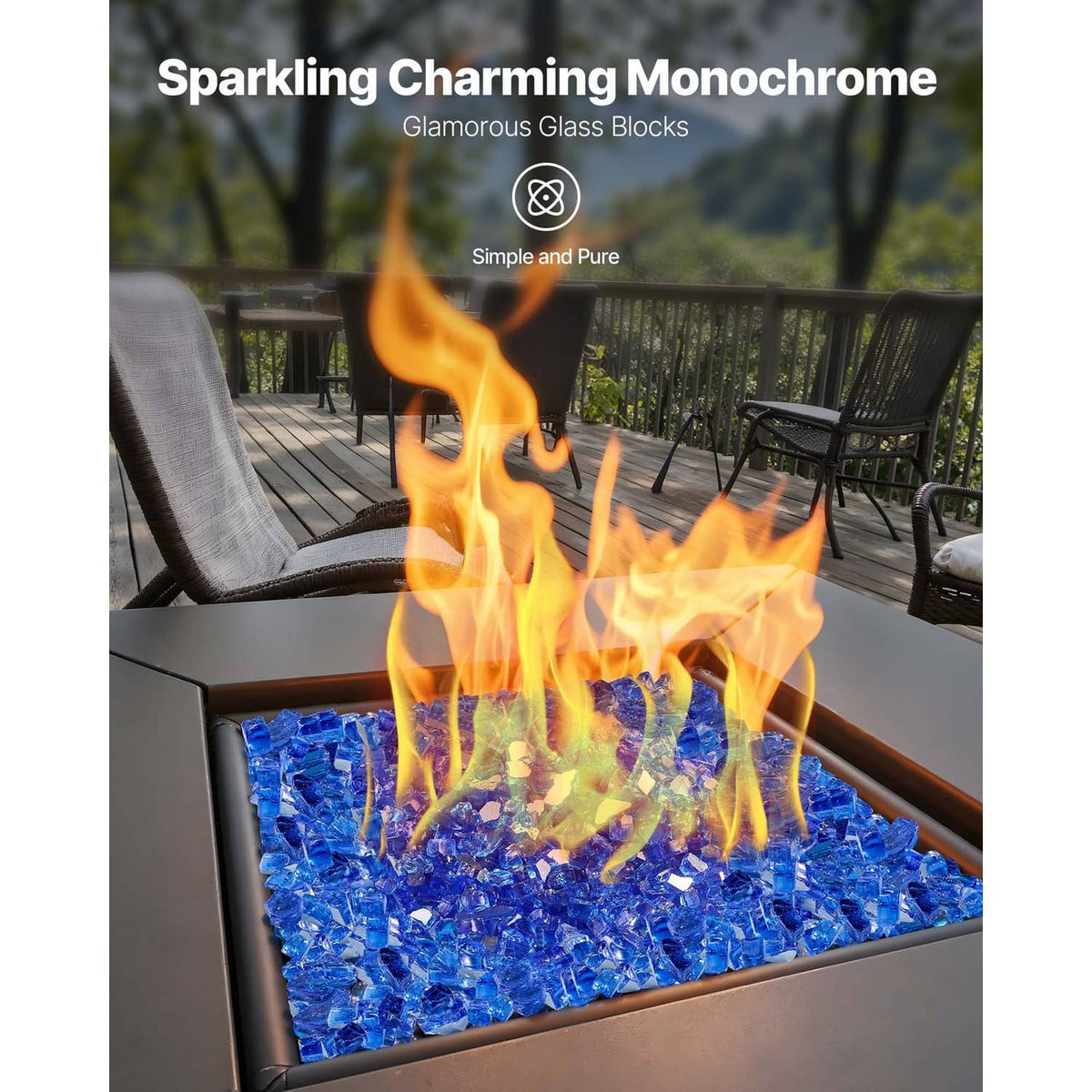Cobalt blue fire pit glass bed with visible flames in a table