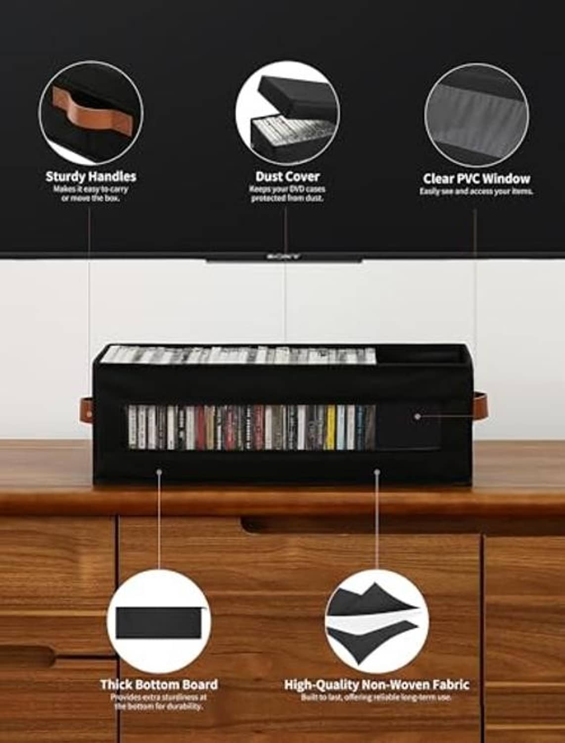Black stackable CD storage box with clear front PCV window, top dust cover and handles