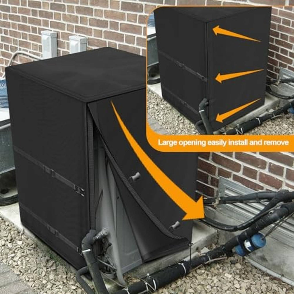 Black air conditioner cover with large zippered opening, reinforced side straps