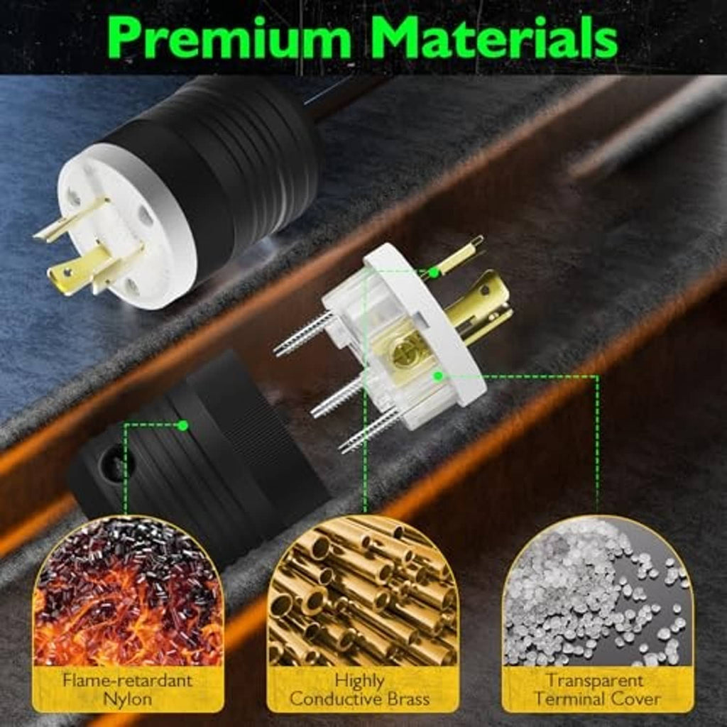 Black ribbed NEMA locking plug with silver face and gold pins, terminal details shown