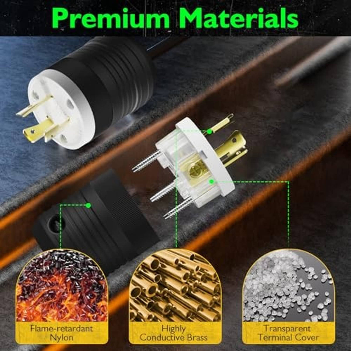 Black ribbed NEMA locking plug with silver face and gold pins, terminal details shown