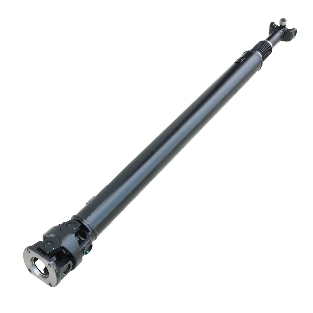 Rear driveshaft assembly with yoke ends and joint hardware, dark steel finish