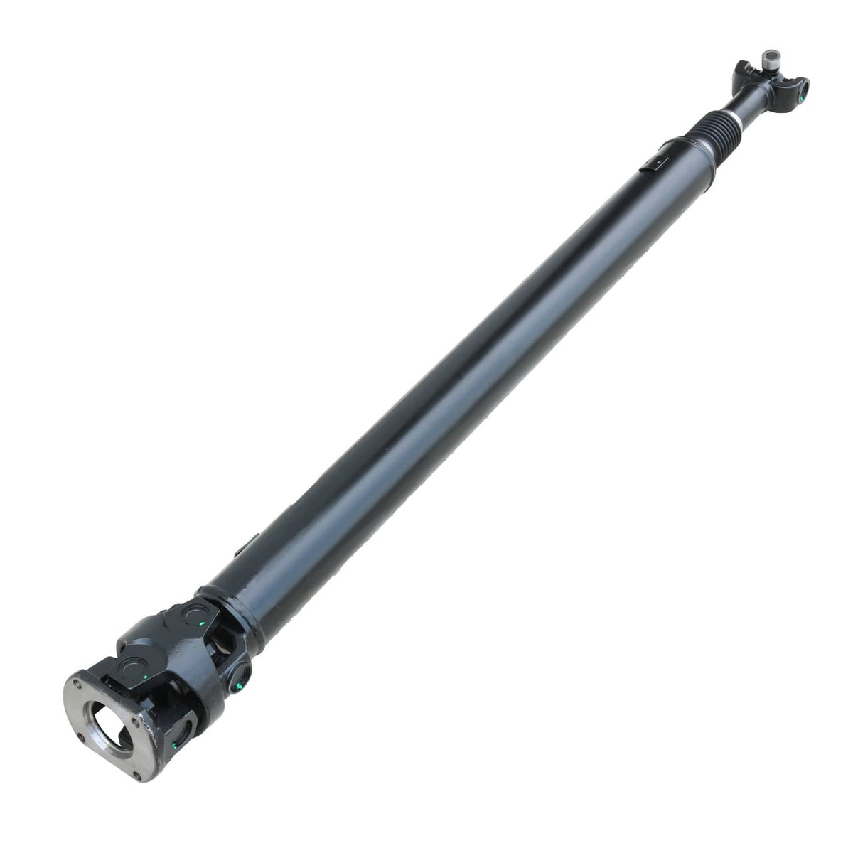 Rear driveshaft assembly with yoke ends and joint hardware, dark steel finish