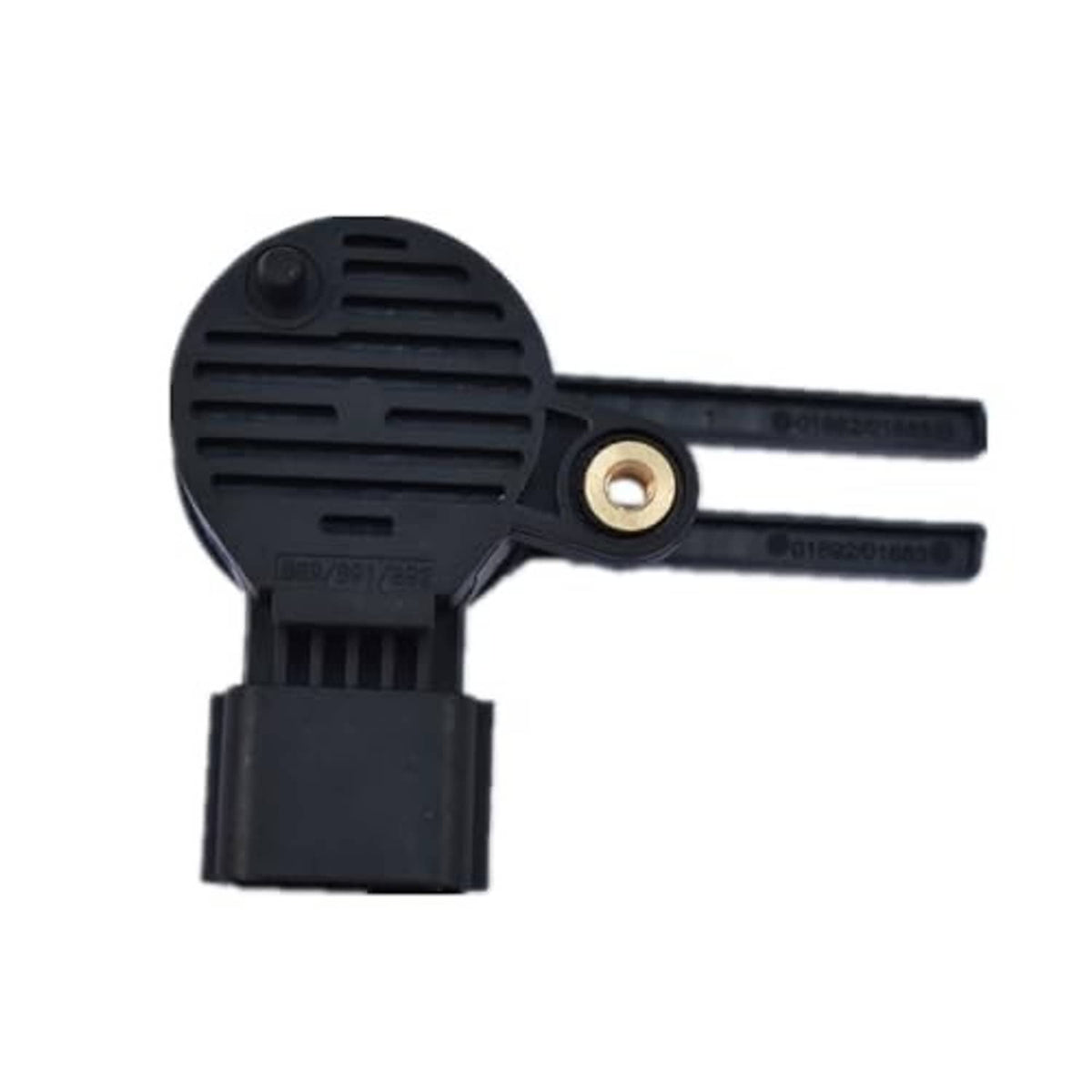 Brake pedal position sensor front view with black housing, gold screw, and dual prongs