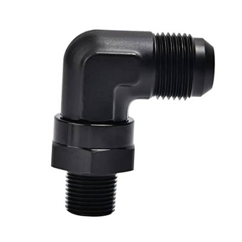 Black 90-degree swivel adapter fitting with male AN flare and 3/8 in NPT male end
