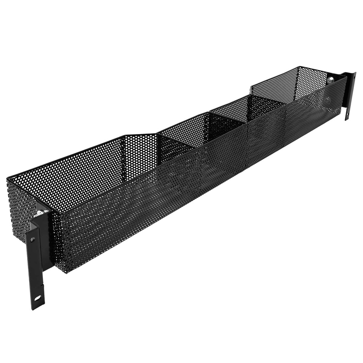 Black mesh front storage basket box with compartment dividers and left mounting bracket