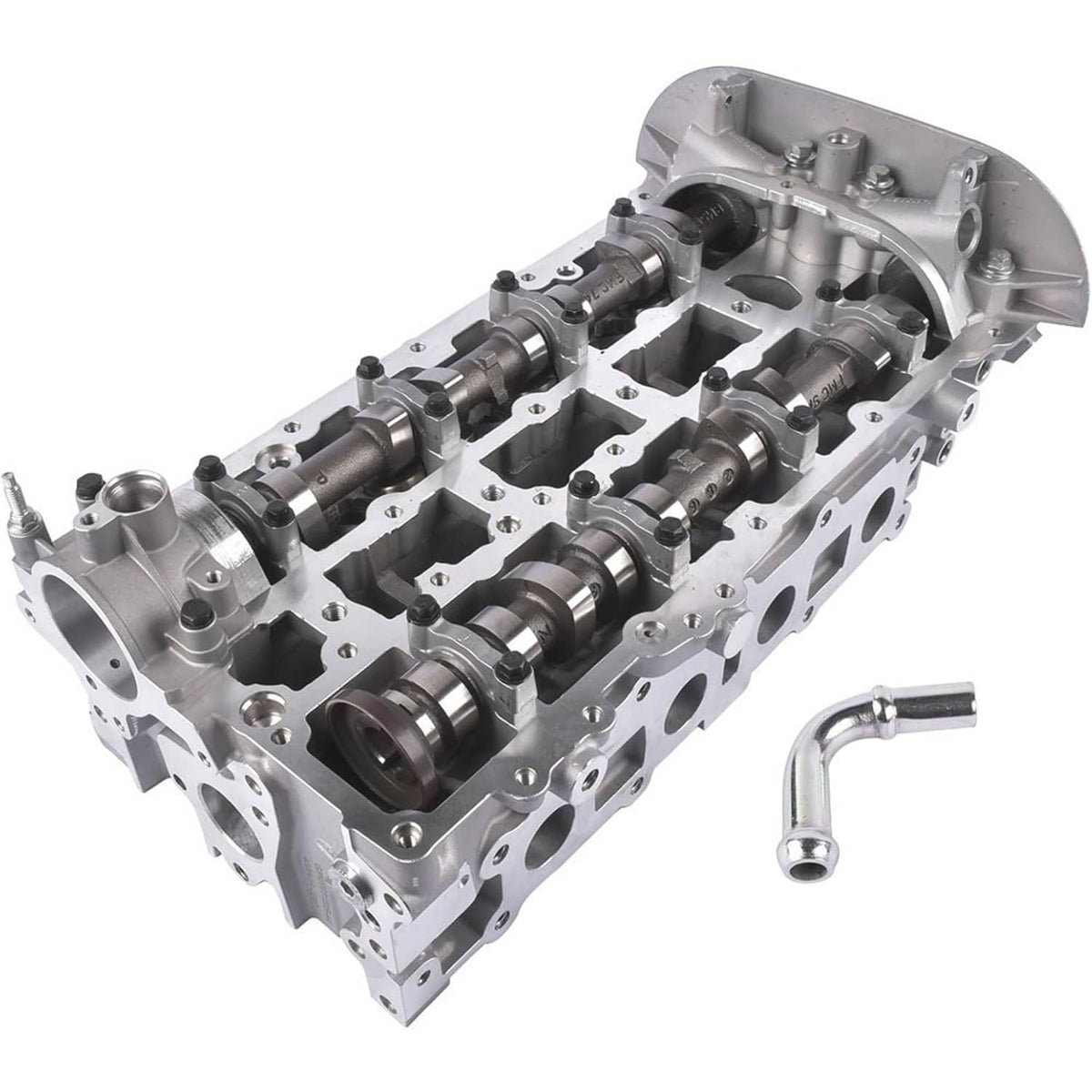 Cylinder head assembly on metal block, shows camshaft and lifter hardware