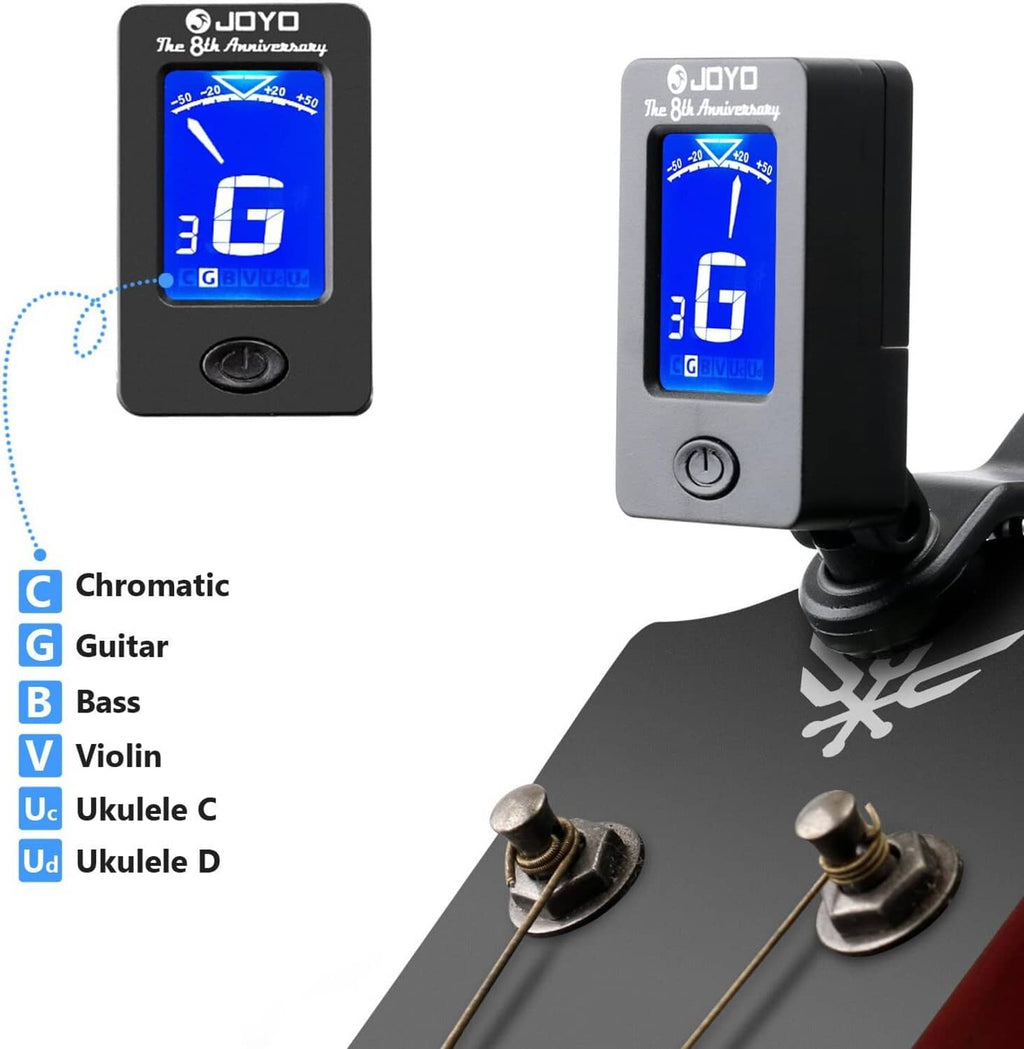 Clip-on tuner capo with LCD screen and tuning type icons for instruments