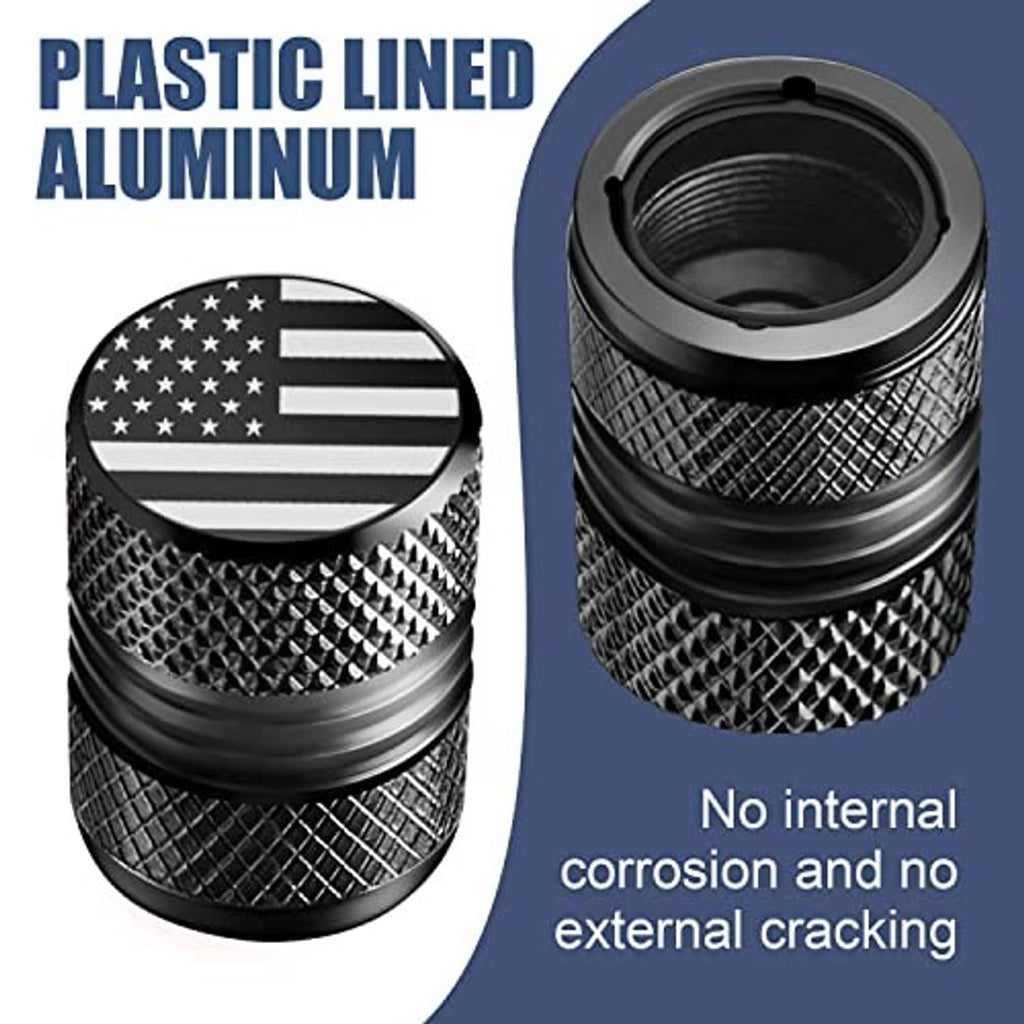 Black tire valve stem cap with American flag top and textured body, open end