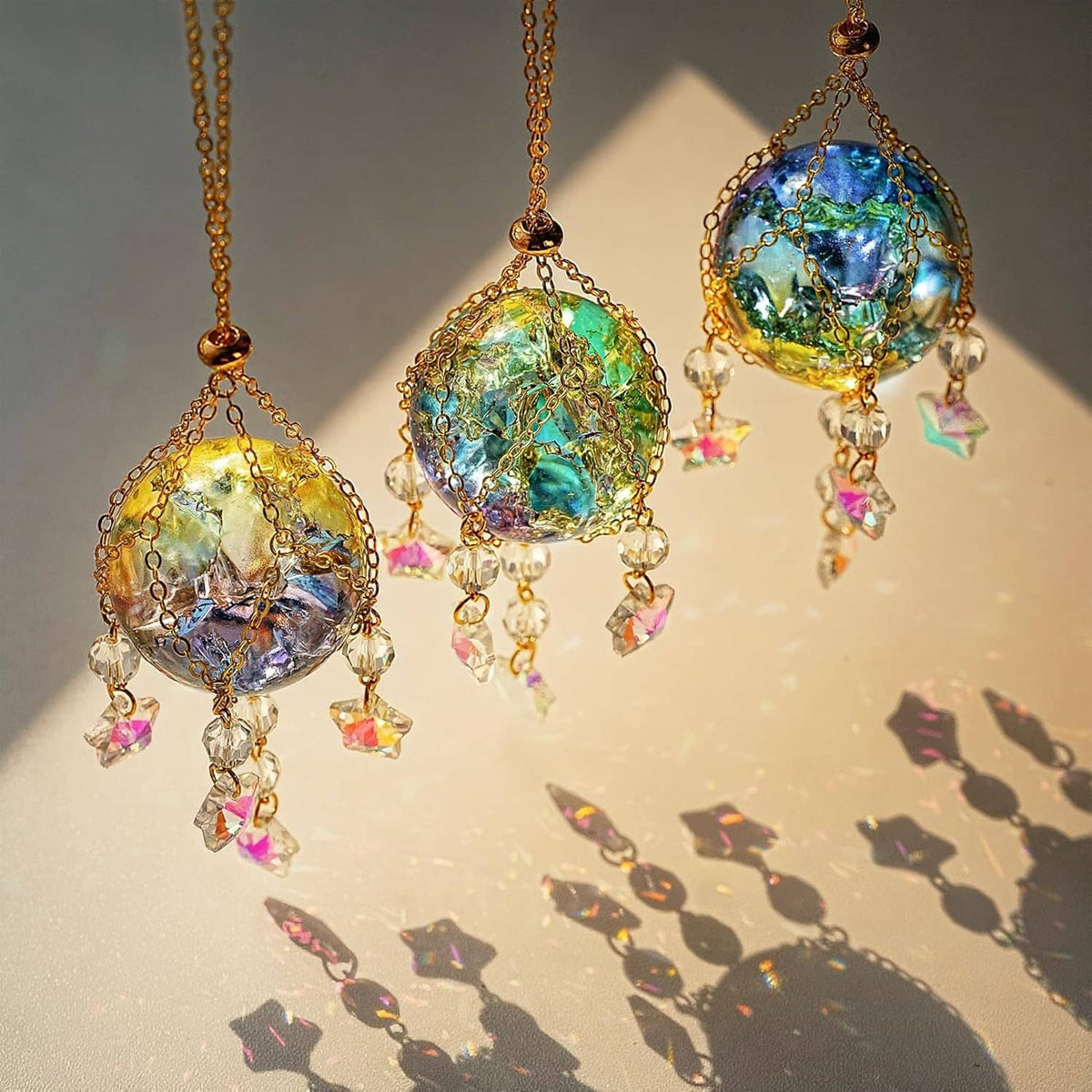 Gold hanging crystal honeycomb suncatchers with colorful star charms and beads