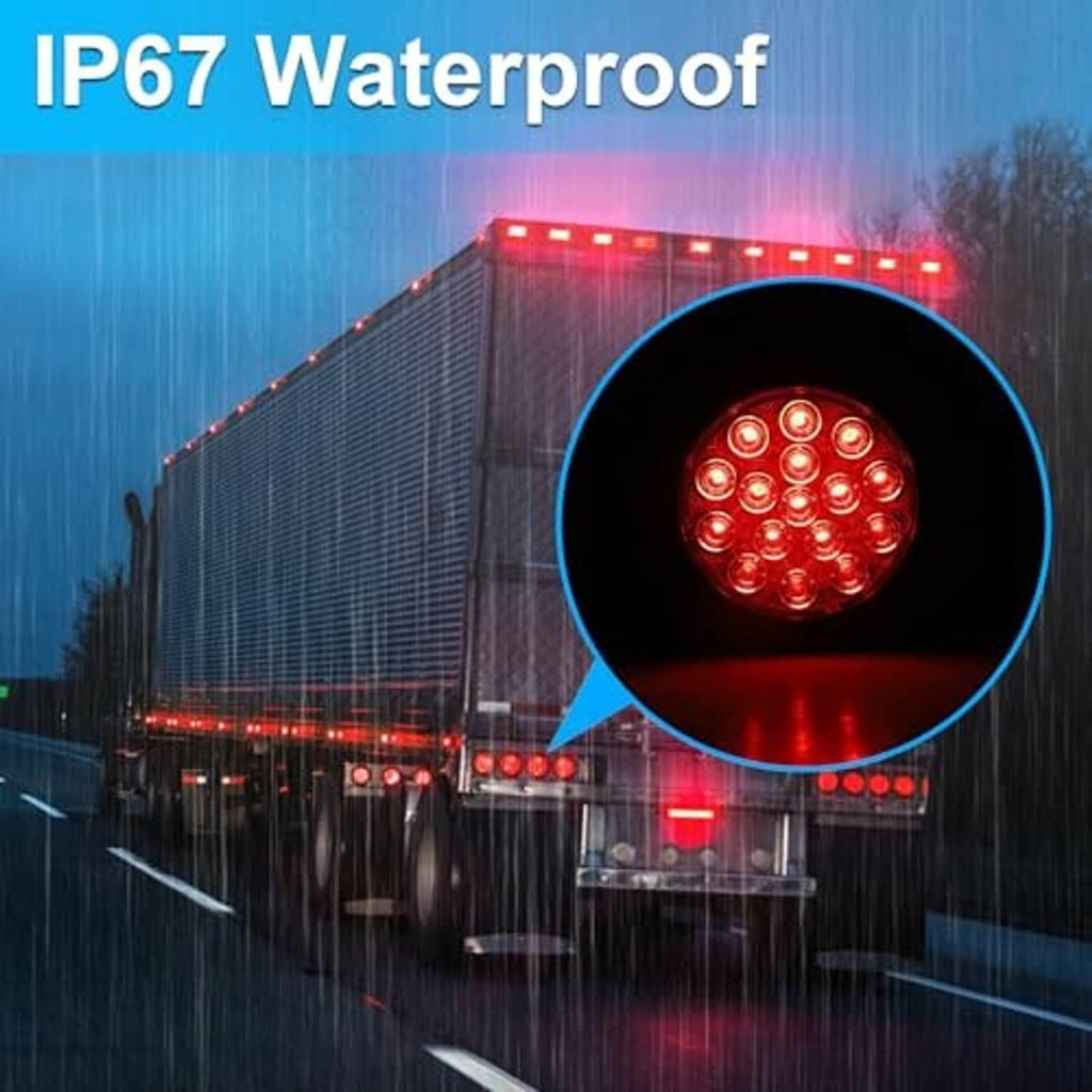 Round red LED trailer tail light with multiple red diodes and black housing