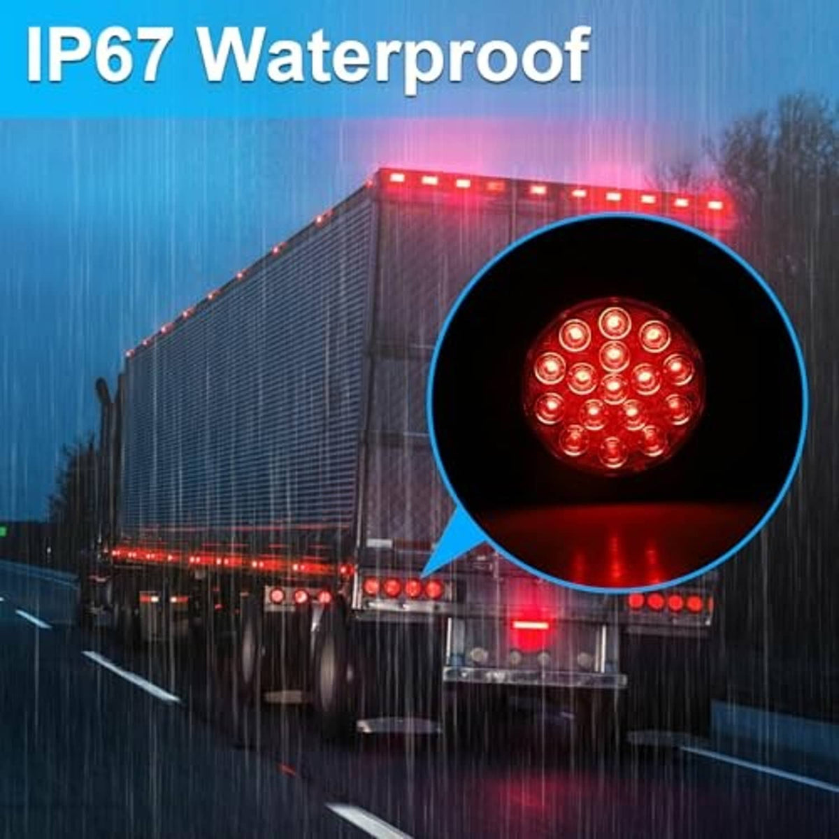 Round red LED trailer tail light with multiple red diodes and black housing