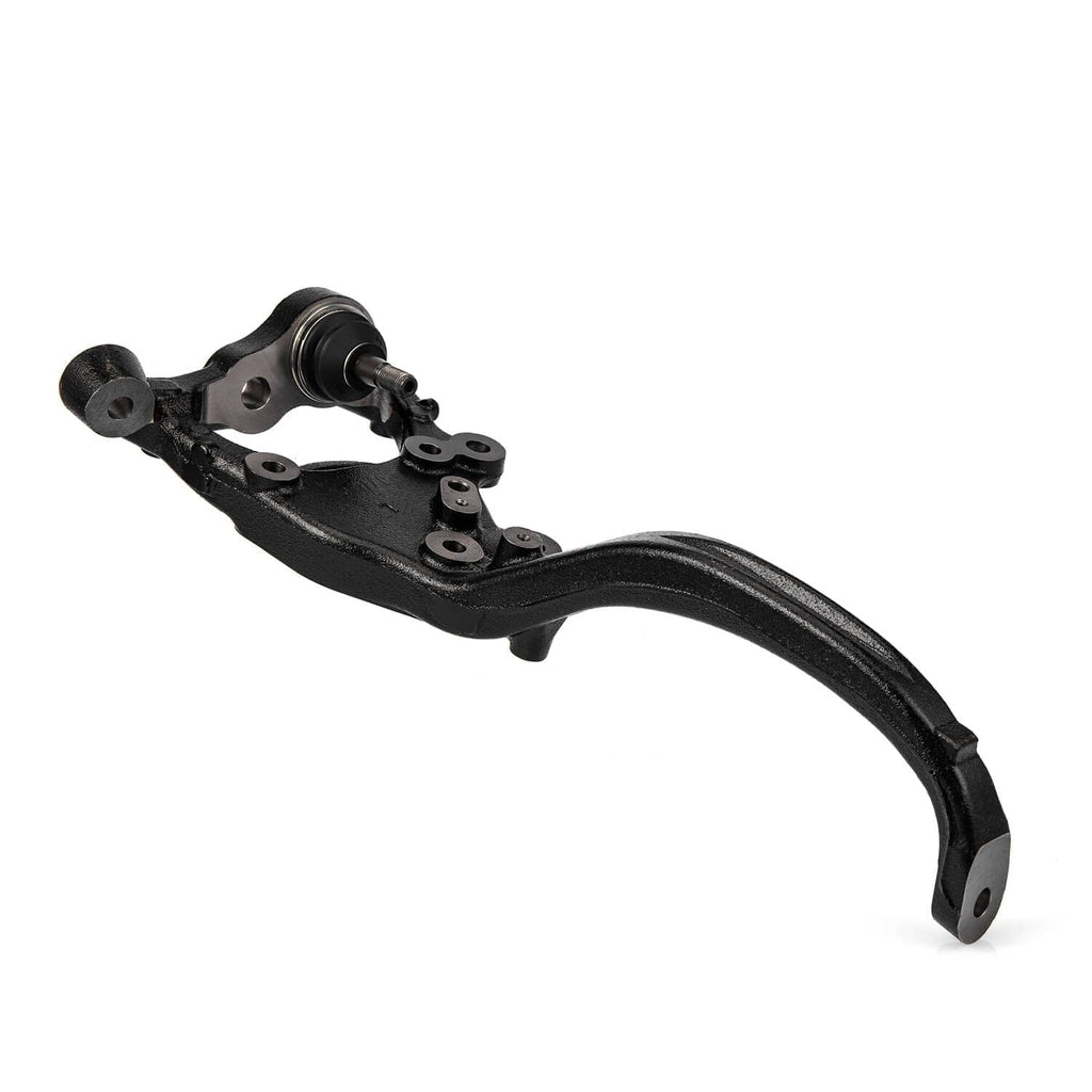 Black steering knuckle with ball joint and mounting bracket, curved control arm