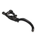 Black steering knuckle with ball joint and mounting bracket, curved control arm