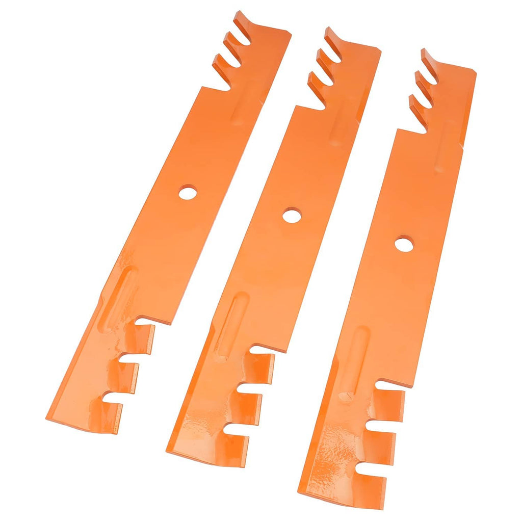 3 orange mower deck mulch blades with side cutouts and mounting holes
