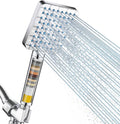 Chrome handheld shower head with round face and water filter cartridge connector