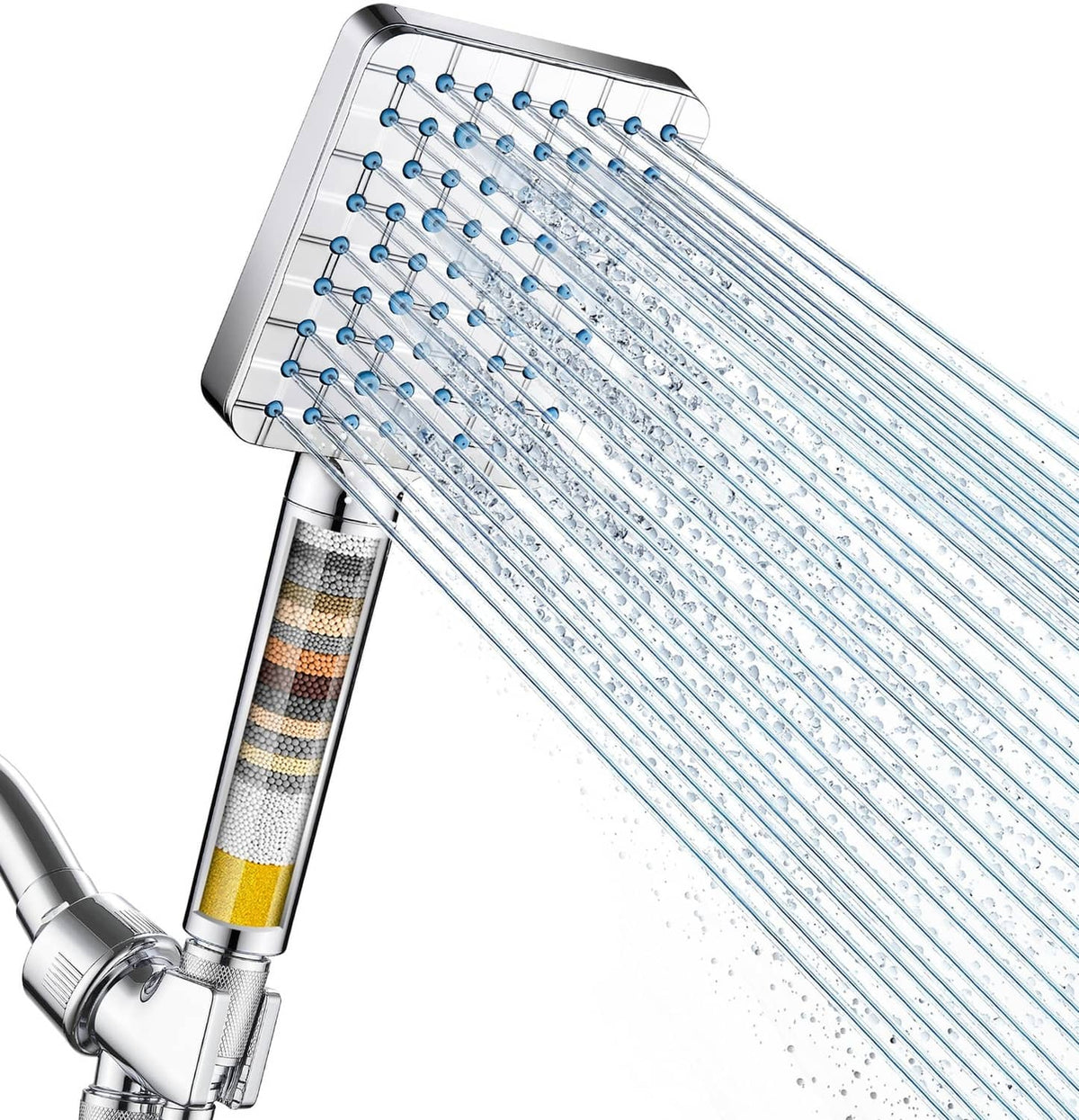 Chrome handheld shower head with round face and water filter cartridge connector