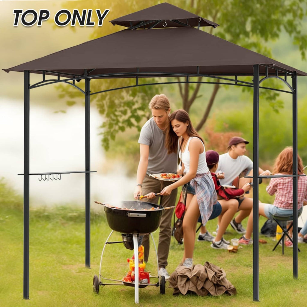 Brown grill gazebo canopy top on a metal frame with open sides