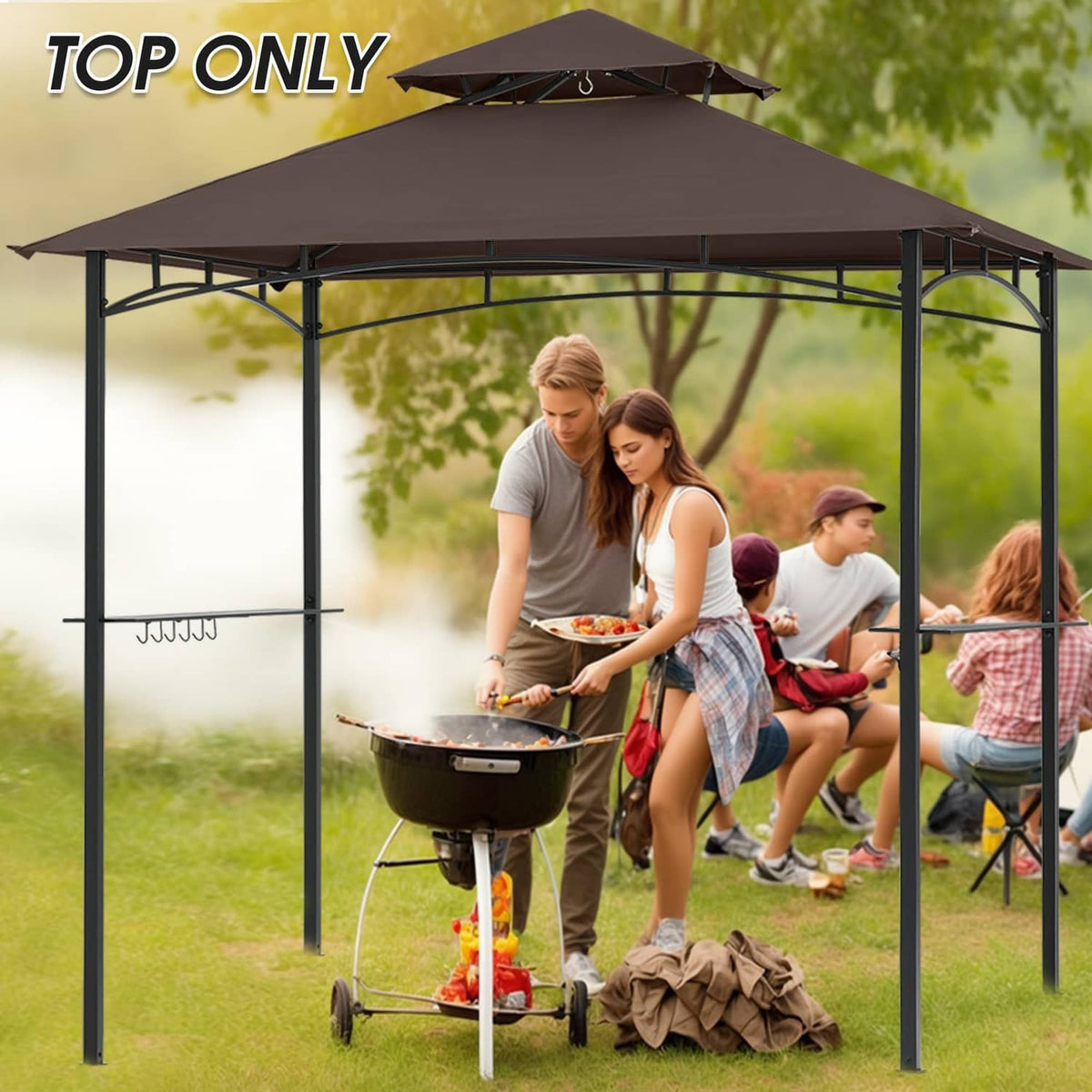 Brown grill gazebo canopy top on a metal frame with open sides