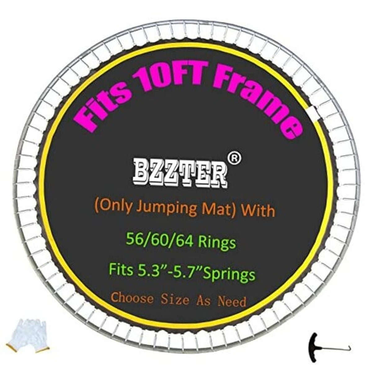 Trampoline jumping mat insert with BZZTER logo, yellow edge, ring and spring fit text