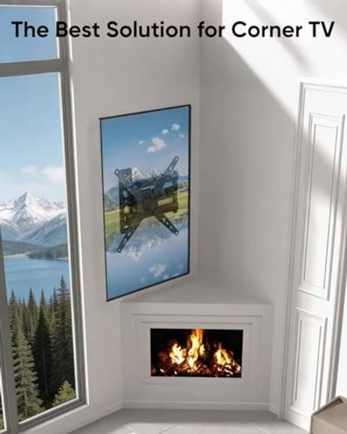 Black full-motion corner TV wall mount holding a flat-screen TV on side wall