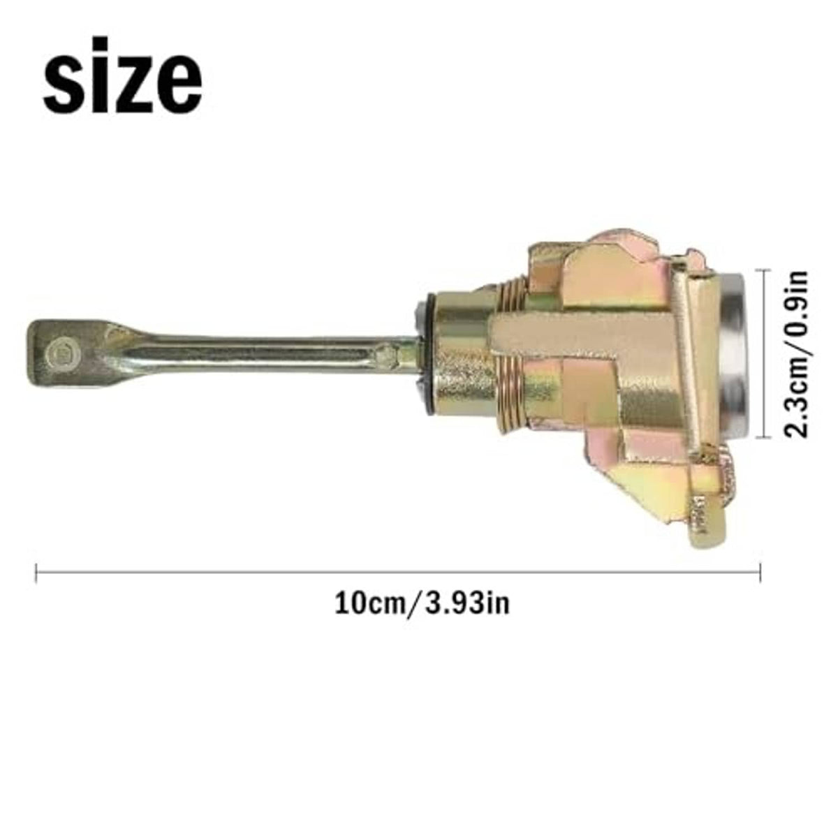 Door lock cylinder with metal lever and threaded mounting, shown with size scale