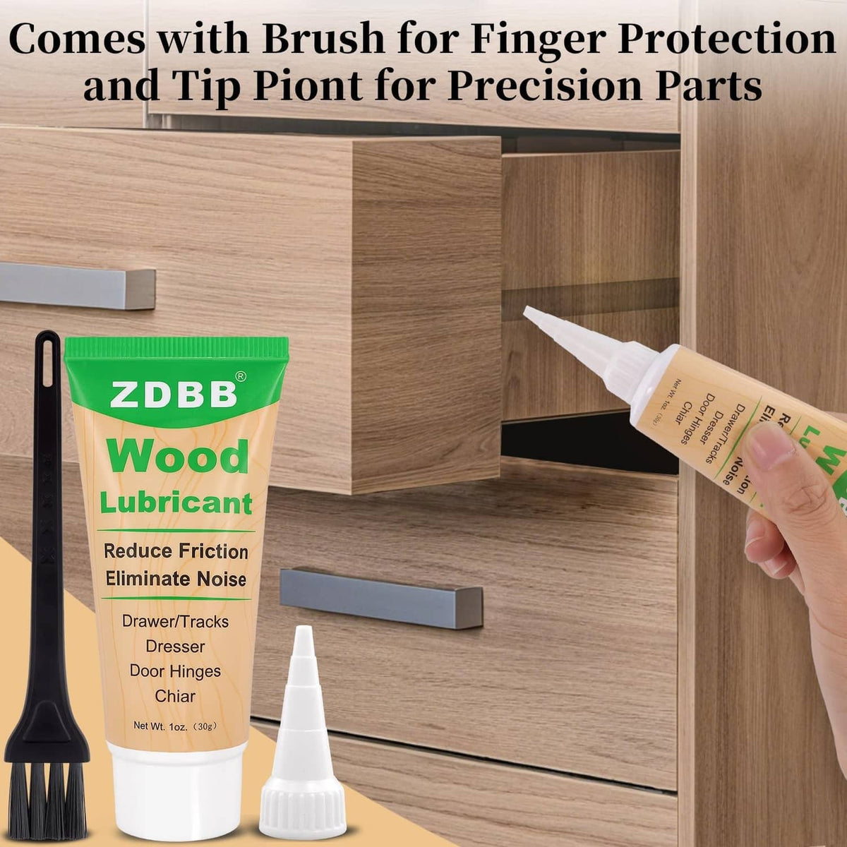 Wood lubricant tube, brush, and precision tip applicator in front of drawer and hinge