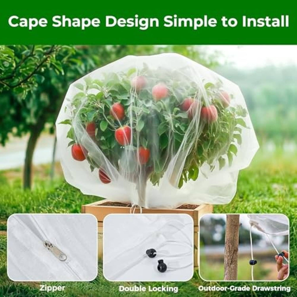 Cape-shaped fruit tree netting bag with zipper and drawstring, clear cover over fruit