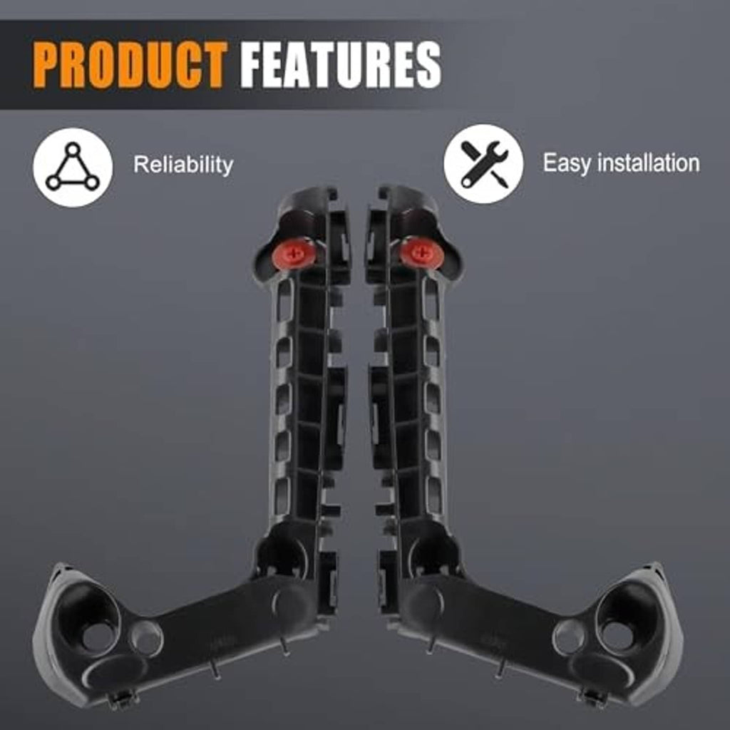 Black bumper mounting support brackets with red clips, front and side hardware