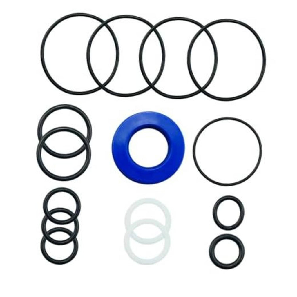 Floor jack seal kit with four black sealing rings, blue seal, and small O-rings