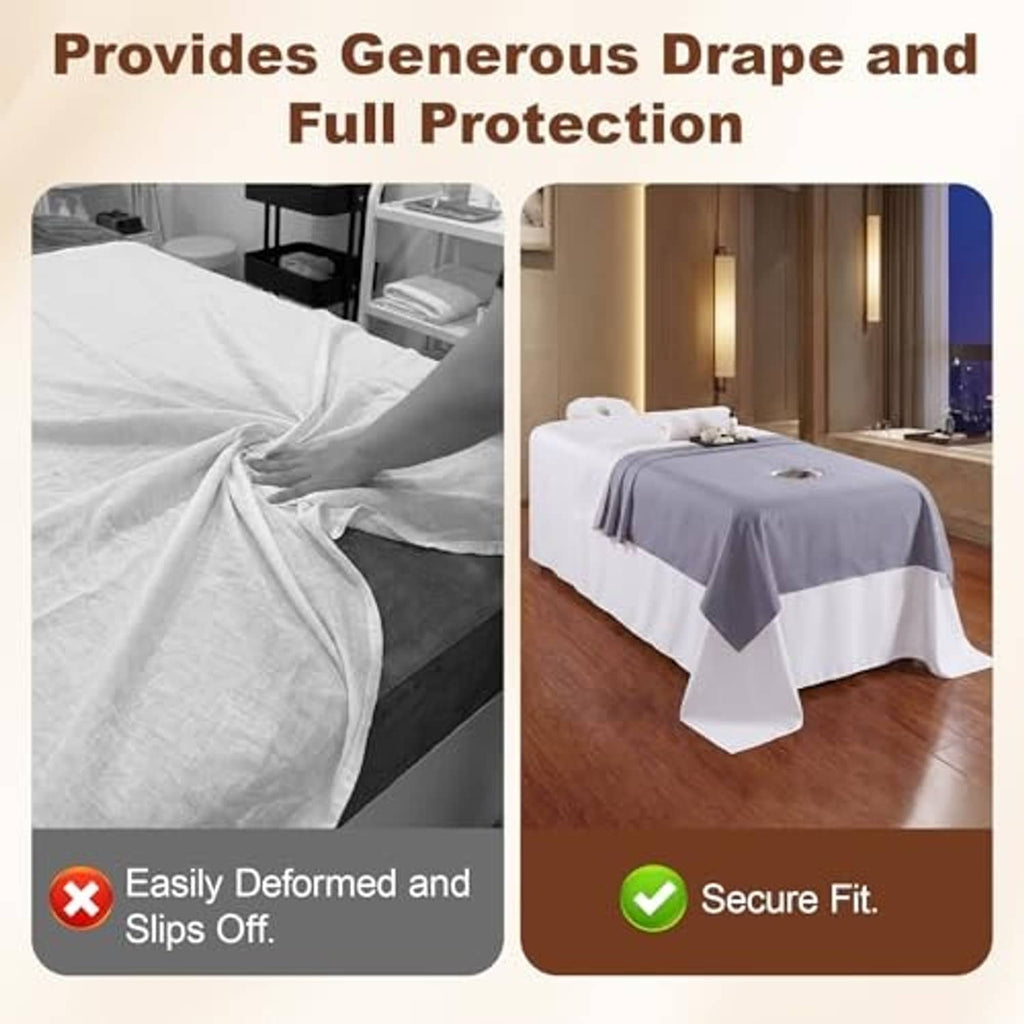 Gray massage table sheet providing full drape over a massage table
