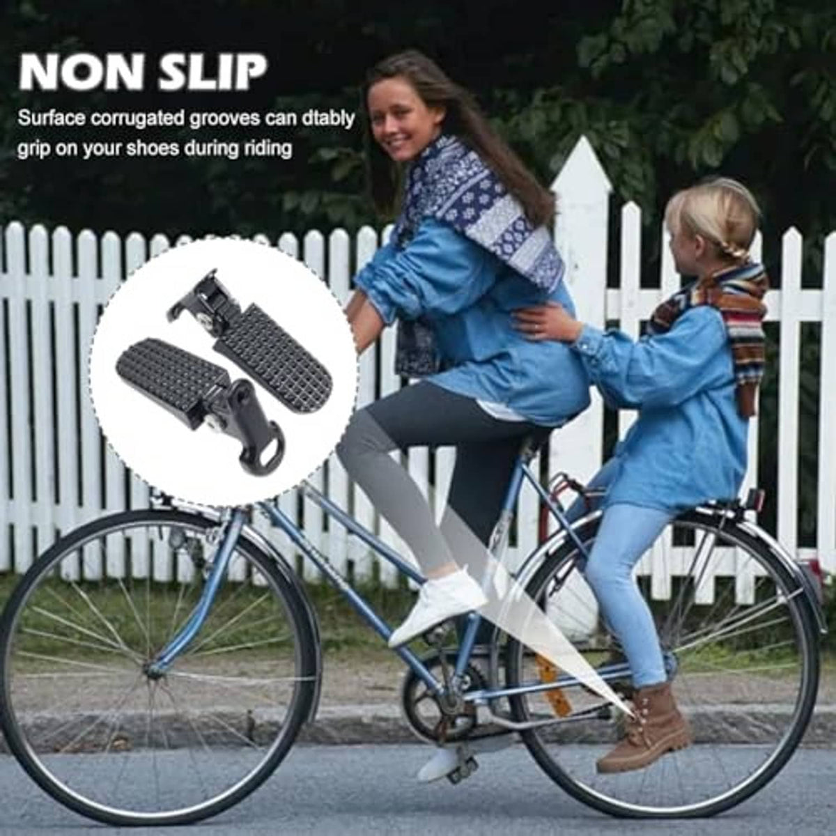 Pair of non-slip mini bike foot pegs with diamond-pattern grips and metal bracket