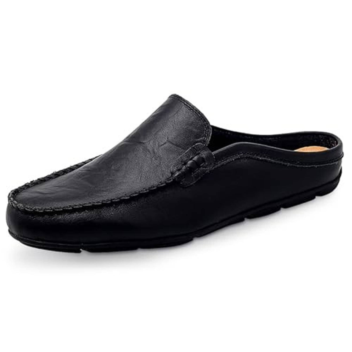 Black leather slip-on mule clogs with stitched strap and low-profile rubber sole