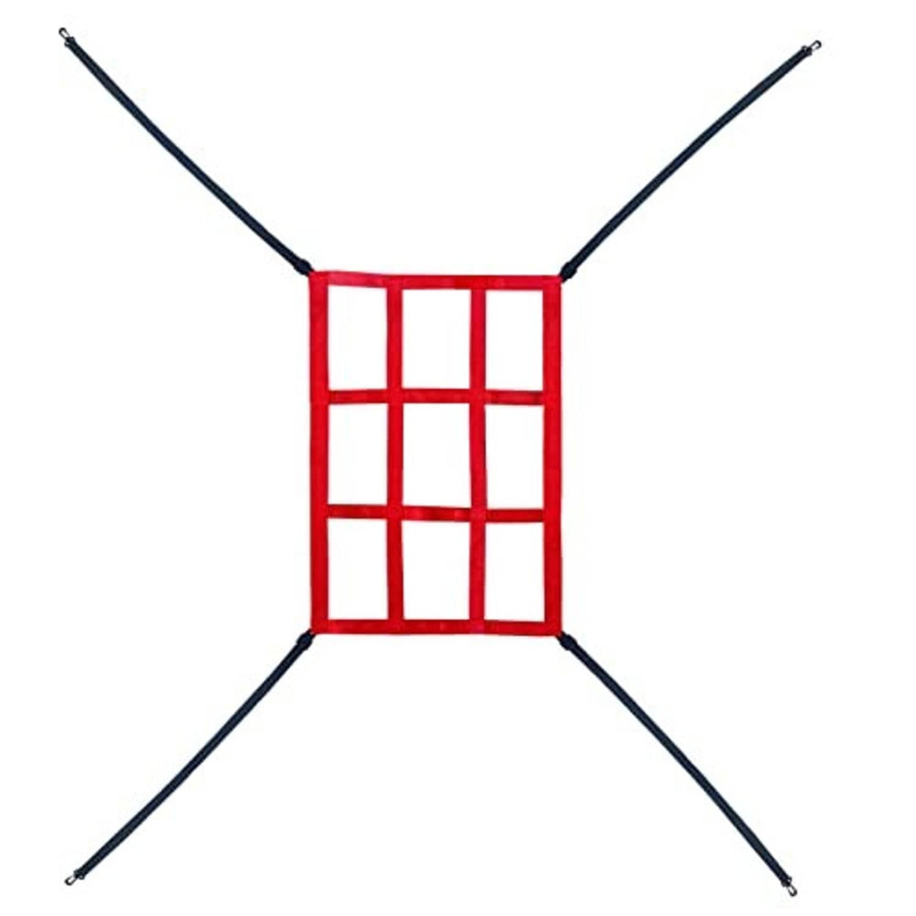 Strike zone target net with red-and-white grid center and four black support poles
