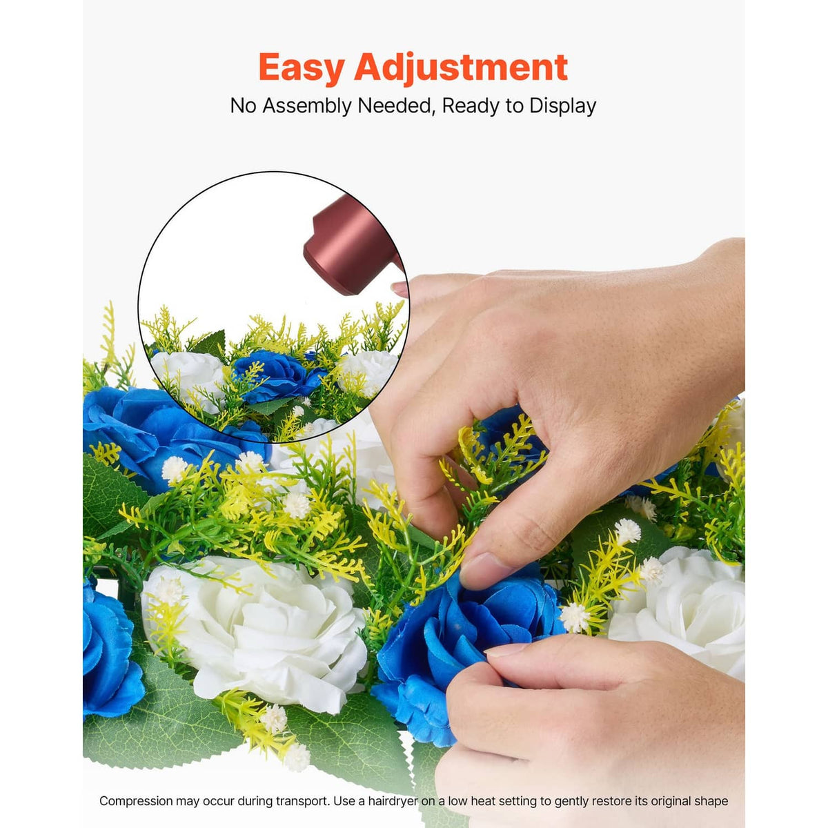 Blue and white artificial flower garland with roses and green foliage, easy to adjust