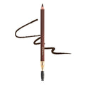 Dark brown eyebrow pencil with sharpened tip and spoolie brush, with eyebrow swatch lines