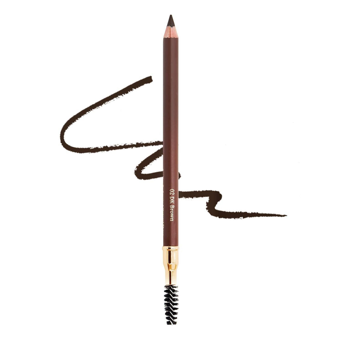 Dark brown eyebrow pencil with sharpened tip and spoolie brush, with eyebrow swatch lines