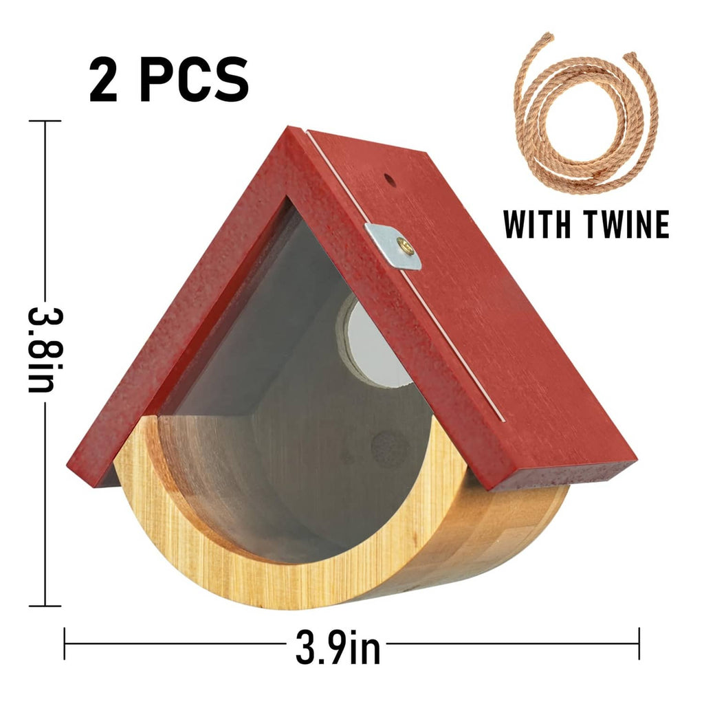 Pair of red wooden hummingbird houses with teardrop design and circular entrance, 2 pcs